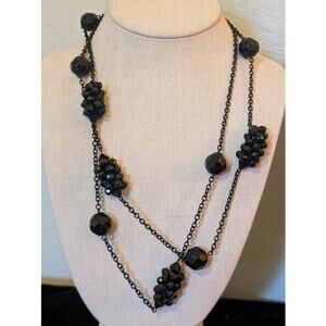 Black Glass Crystal Cluster Bead Black Metal Long Chain 46" Necklace